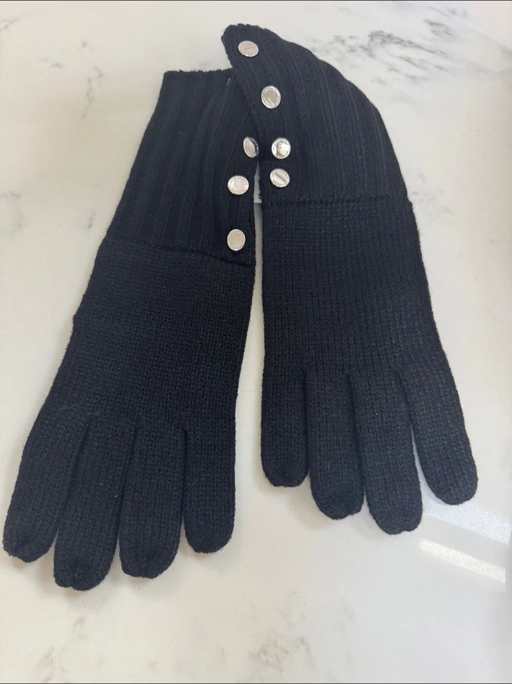 Michael Kors Black Ribbed Knit Gloves with Silver Button Detail